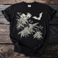Black t-shirt with vintage-style bat and pine branch graphic.