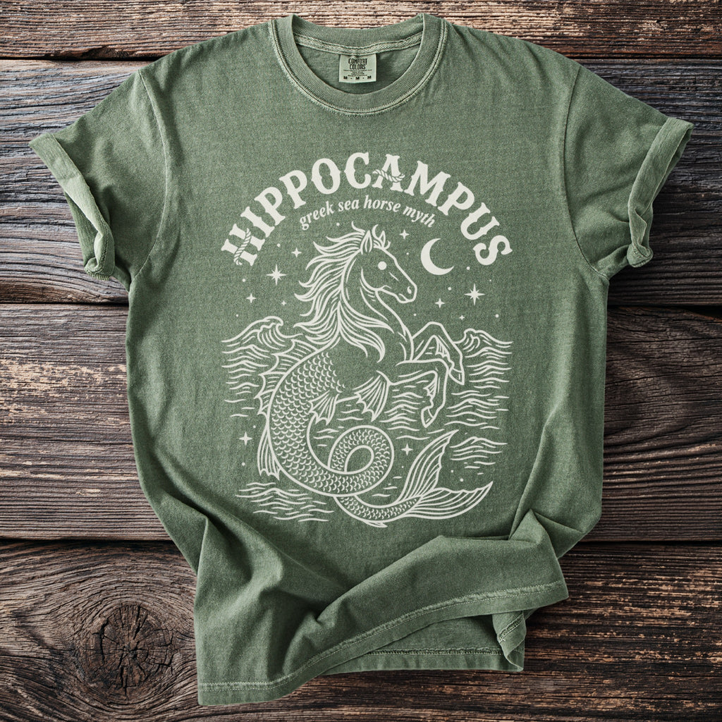 Green t-shirt with white "Hippocampus greek sea horse myth" text and graphic.