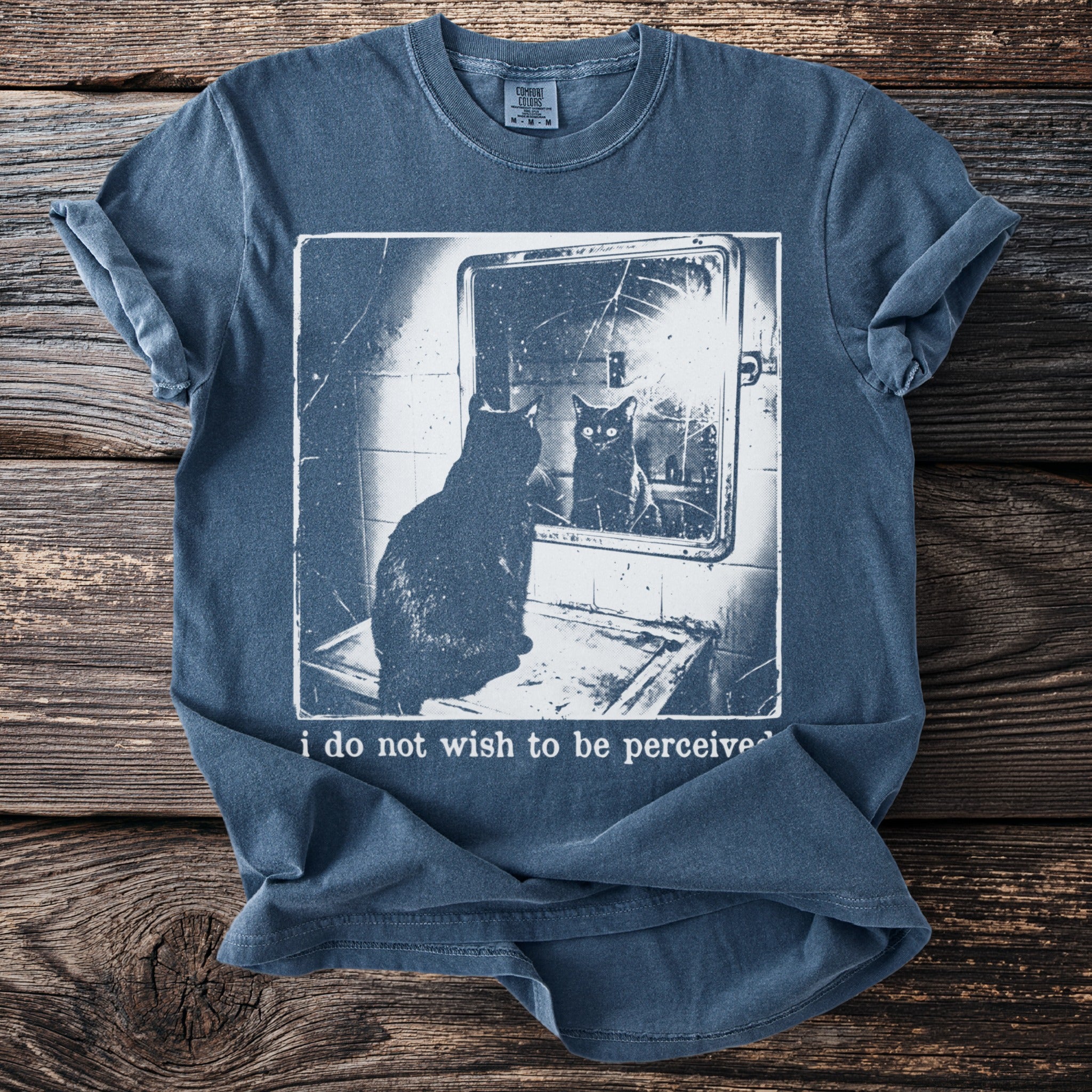 T-shirt with black cat looking at reflection in a cracked mirror and text "i do not wish to be perceived".