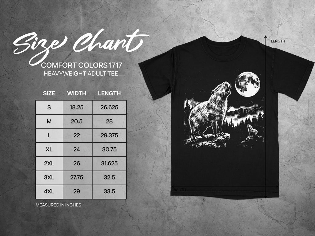 Comfort Colors 1717 heavyweight adult tee size chart with capybara moon graphic.