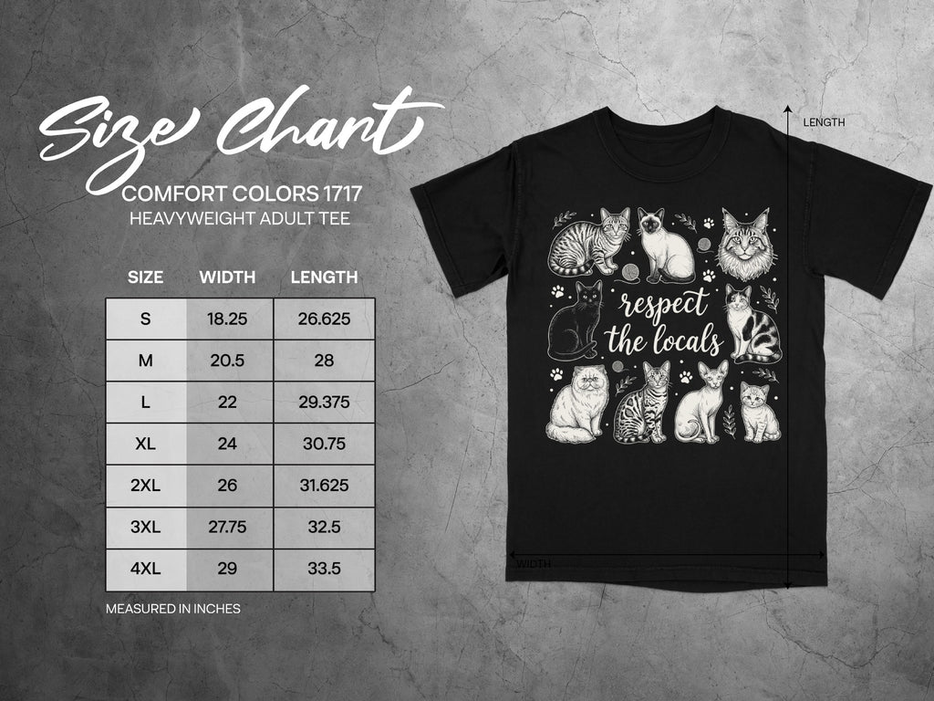 Size chart for a Comfort Colors 1717 heavyweight adult tee with cat graphic.