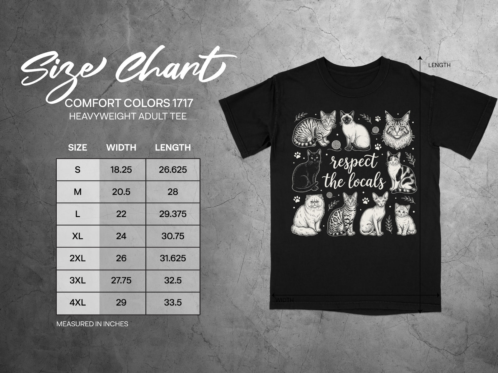 Size chart for a Comfort Colors 1717 heavyweight adult tee with cat graphic.