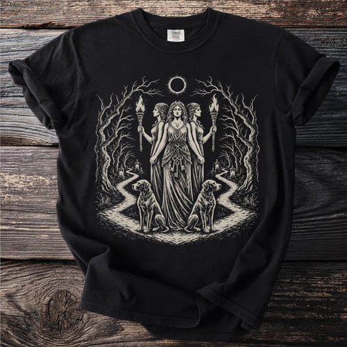 Black t-shirt with a graphic of three women, torches, dogs, and keys under an eclipse.