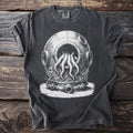 Dark grey t-shirt with a vintage diving helmet and octopus tentacles graphic.