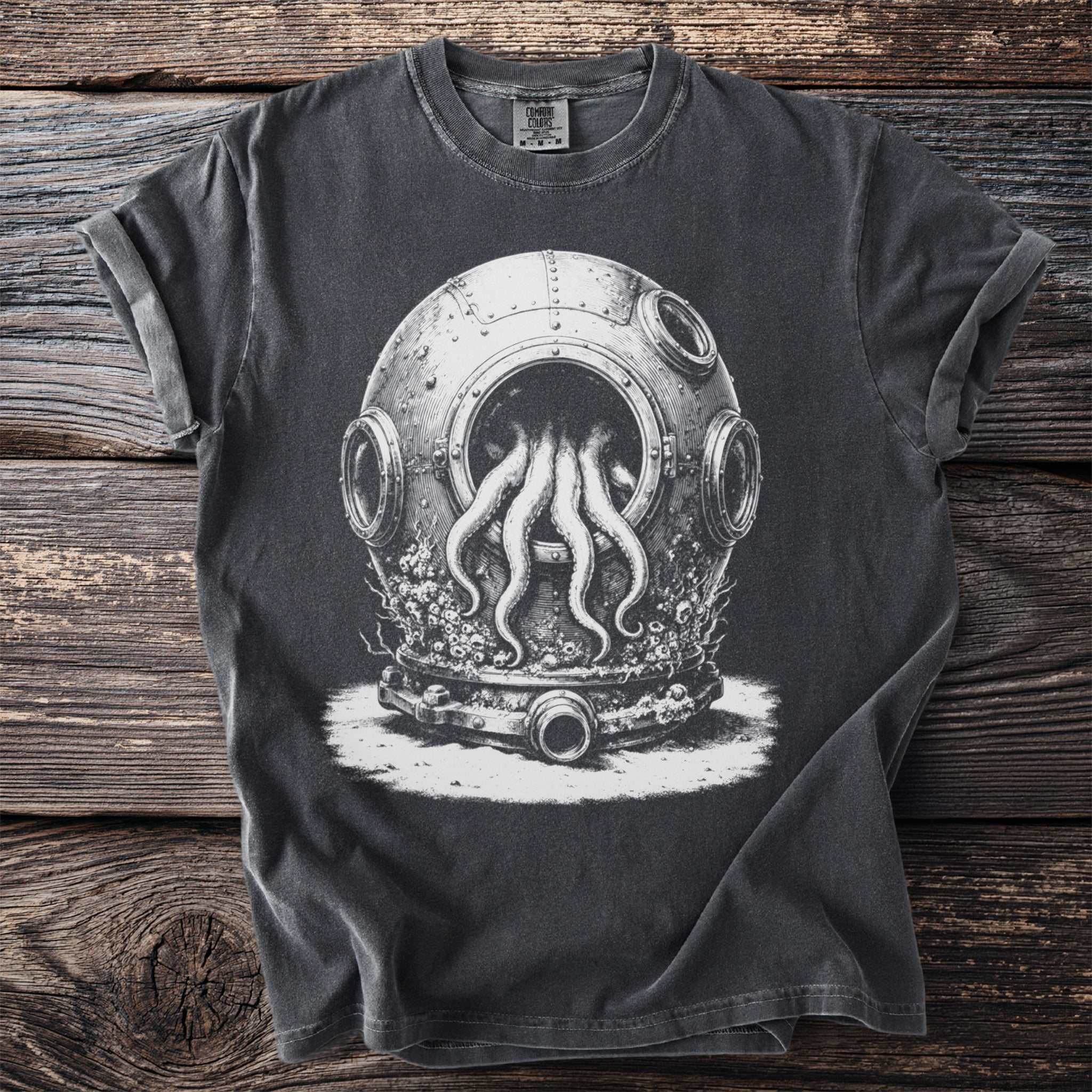 Dark grey t-shirt with a vintage diving helmet and octopus tentacles graphic.