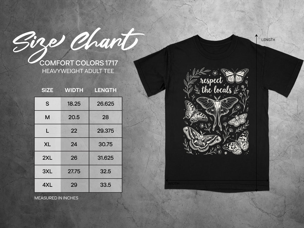 Size chart for Comfort Colors 1717 heavyweight adult tee, measured in inches.