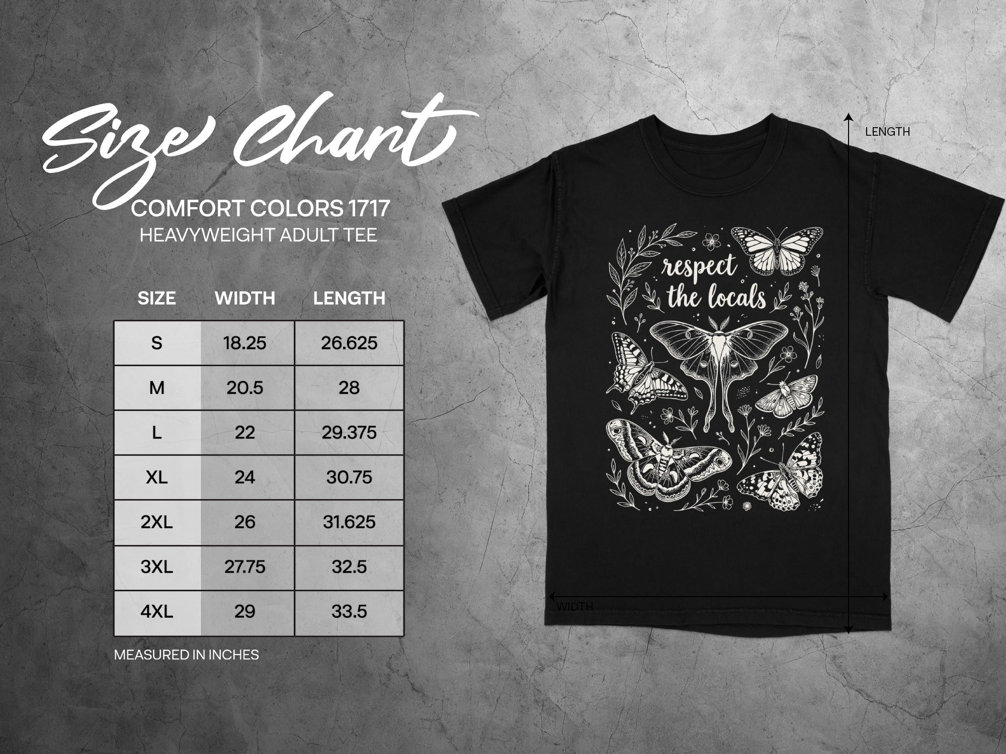 Size chart for Comfort Colors 1717 heavyweight adult tee, measured in inches.