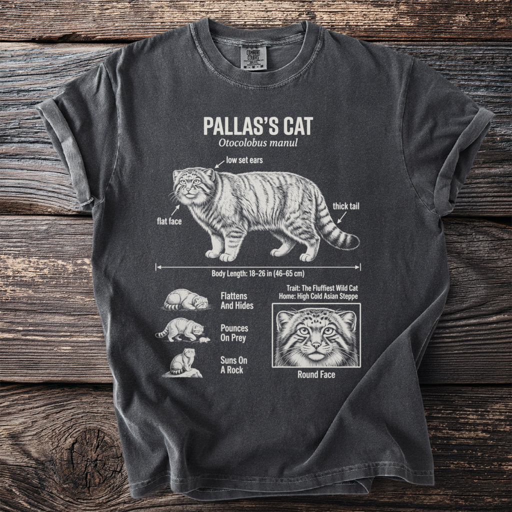 T-shirt featuring an anatomical illustration of a Pallas's cat with labeled features and behaviors.