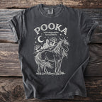 Charcoal t-shirt with white "POOKA irish shapeshifter horse folklore" graphic and horse illustration.