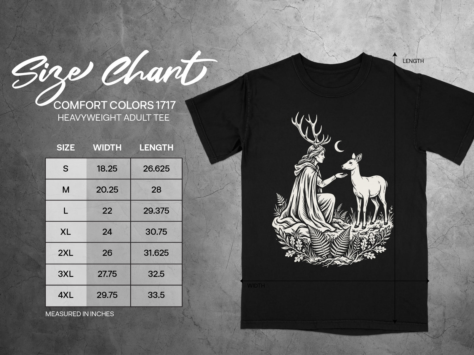 Comfort Colors 1717 heavyweight adult tee size chart with measurements for width and length.
