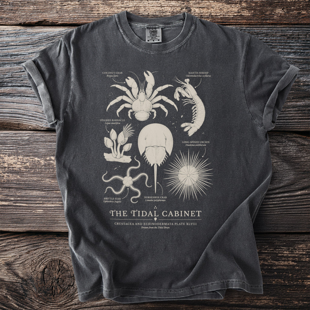 T-shirt with illustrations of a coconut crab, mantis shrimp, and horseshoe crab.