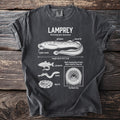 Dark t-shirt graphic of a lamprey with labeled anatomy and details about its mouth and feeding habits.