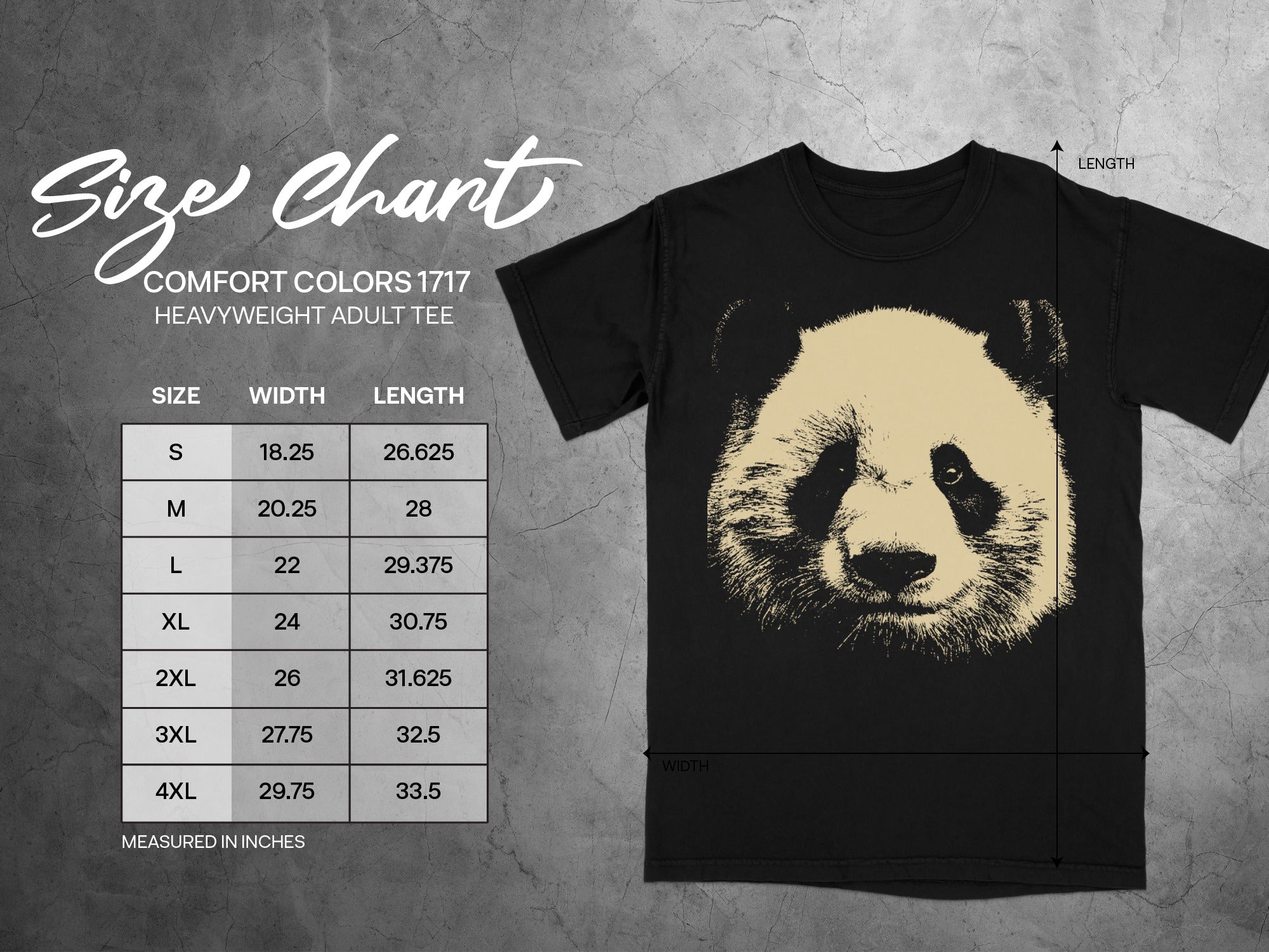 Comfort Colors 1717 heavyweight adult tee size chart with panda graphic.