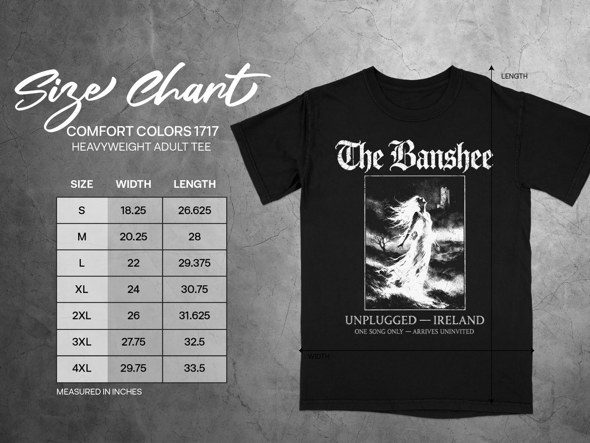 Size chart for a black Comfort Colors 1717 heavyweight adult tee with "The Banshee" graphic.