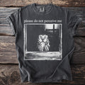 Dark gray t-shirt with text "please do not perceive me" and an owl graphic.