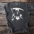 Grim reaper in a hooded robe holds a heart shape with its hands.