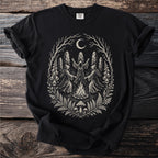 Black t-shirt with occult design of hooded figures around a campfire under a moon.