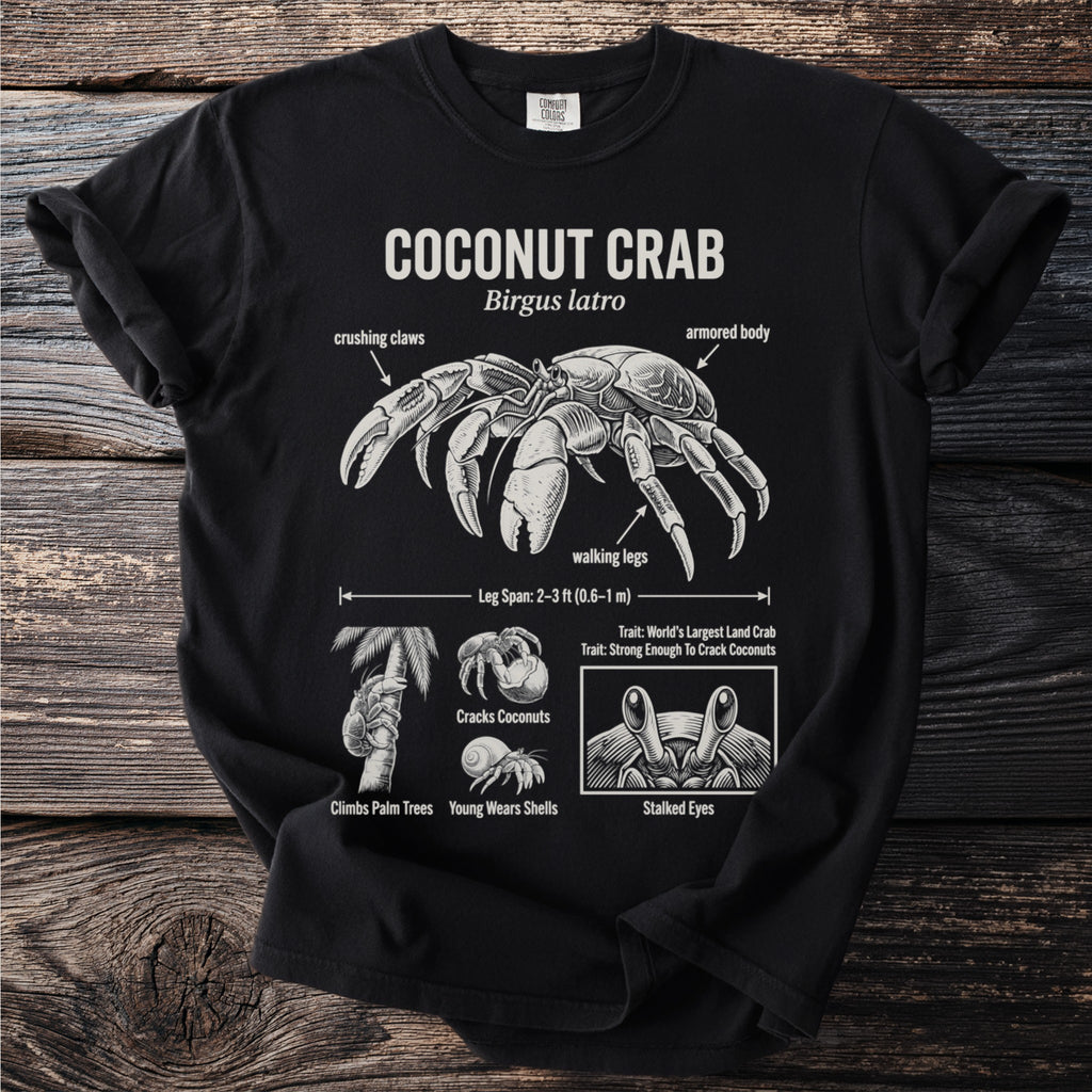 Black t-shirt graphic detailing a coconut crab, its traits, and leg span.