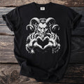 Black t-shirt with a white graphic of a horned creature making a heart shape.