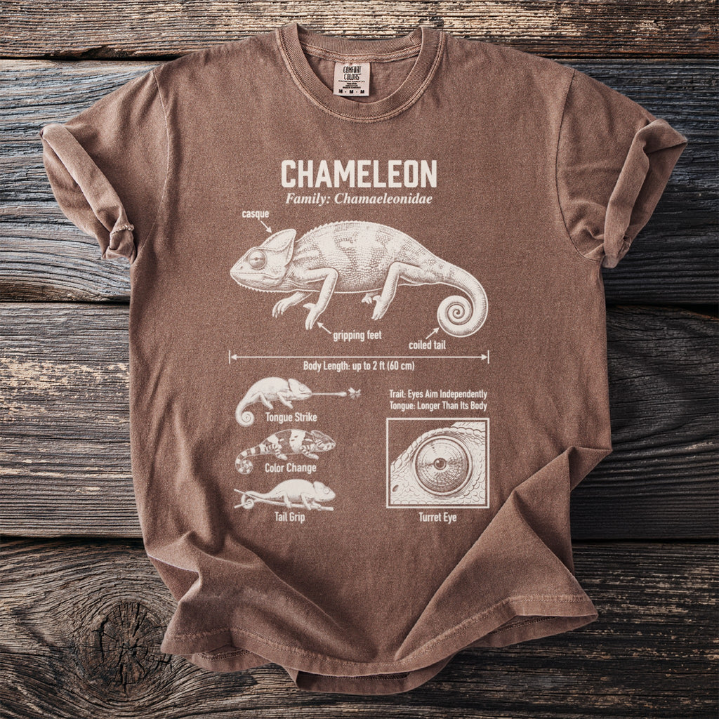 Brown t-shirt with "CHAMELEON" and anatomical drawings and facts about chameleons.