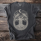 Dark t-shirt with a knotwork tree, two ravens, a moon, and runes.