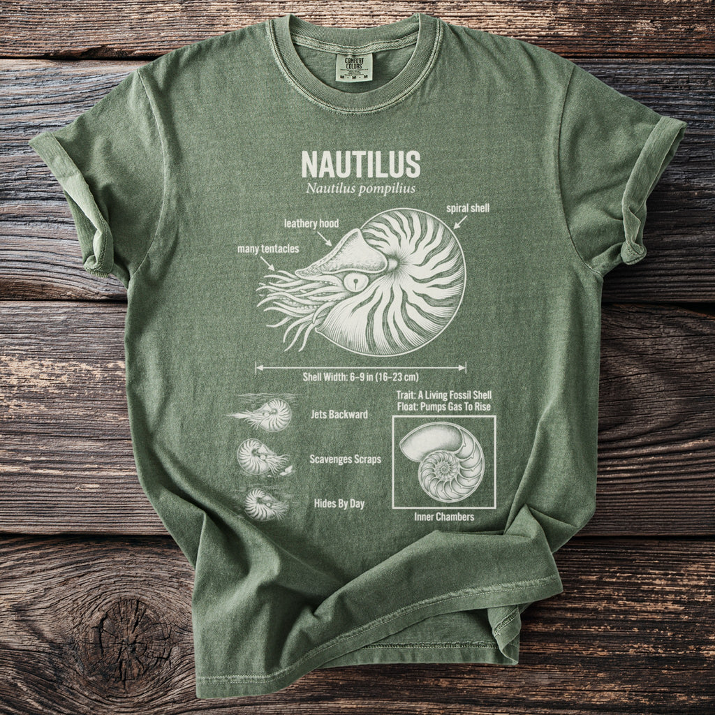 Green t-shirt with Nautilus diagram, labeling shell, tentacles, and behaviors.