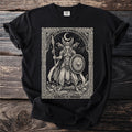 Viking warrior with shield and spear, surrounded by ravens and crescent moon.