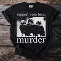 Black t-shirt with white text and image of three crows.