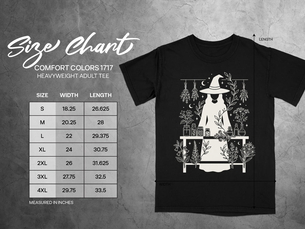 Comfort Colors 1717 heavyweight adult tee size chart with measurements in inches.