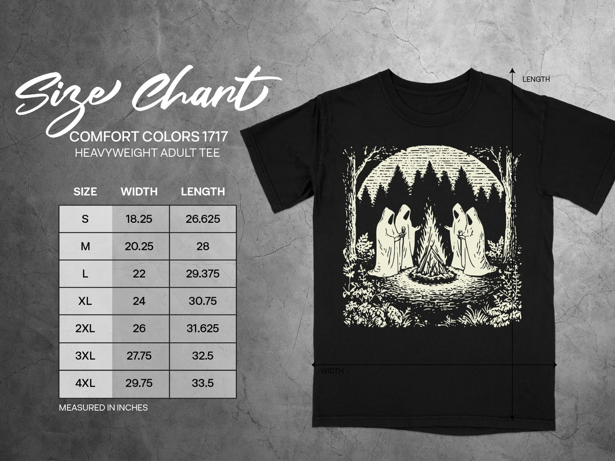 Comfort Colors 1717 heavyweight adult tee size chart with width and length measurements in inches.