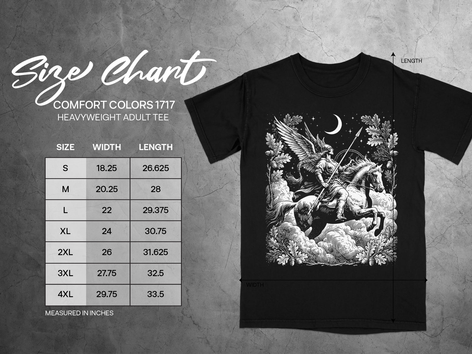 Comfort Colors 1717 heavyweight adult tee size chart with measurements in inches.