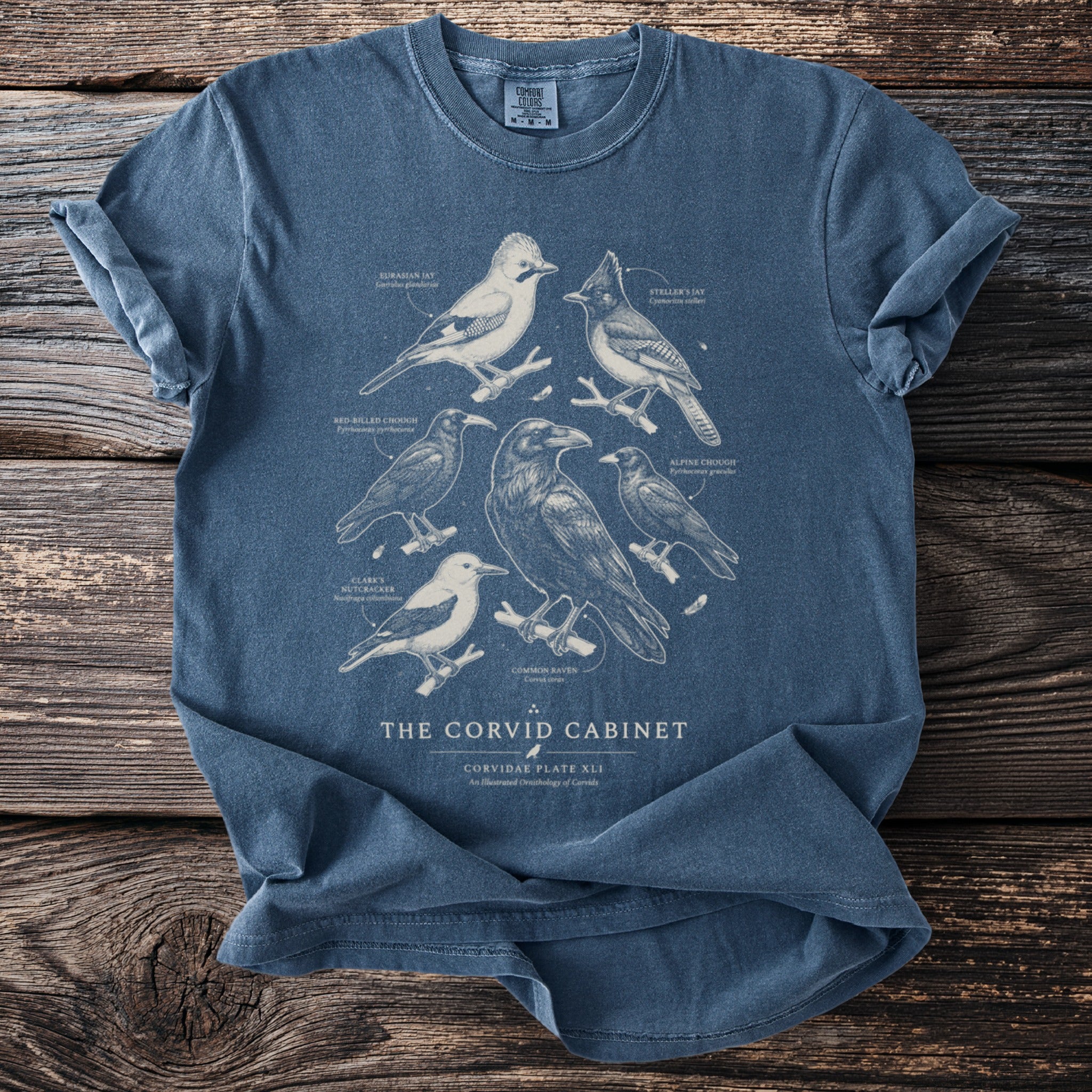 T-shirt with illustrations of Eurasian Jay, Steller's Jay, Common Raven, and other corvids.