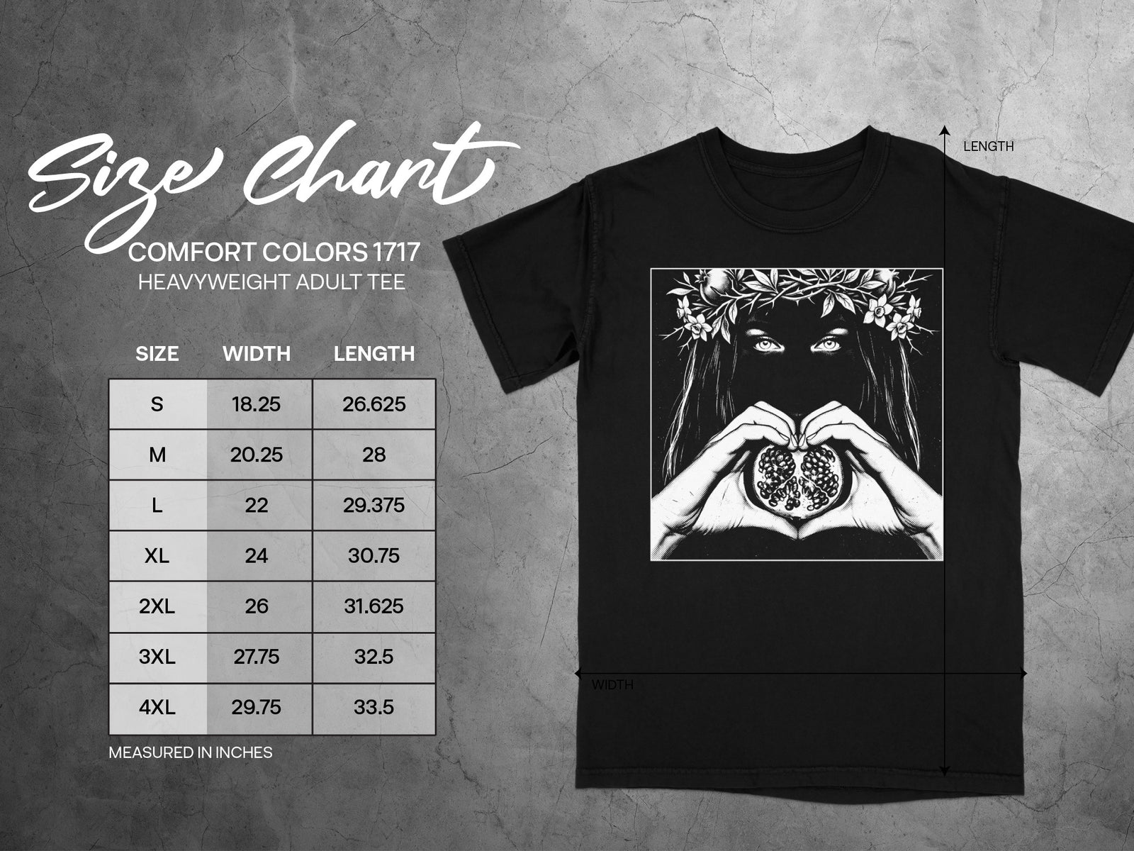Comfort Colors 1717 heavyweight adult tee size chart with measurements in inches.