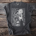 T-shirt with a dark wash and a werewolf transformation graphic in a forest scene.