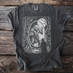 T-shirt with a dark wash and a werewolf transformation graphic in a forest scene.