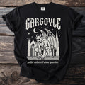 Black t-shirt with "Gargoyle" and "gothic cathedral stone guardian" text and graphic.