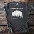 Dark grey t-shirt with "NO COMPLAINTS" and a tardigrade graphic labeled "Fig. 1: Survived Space."