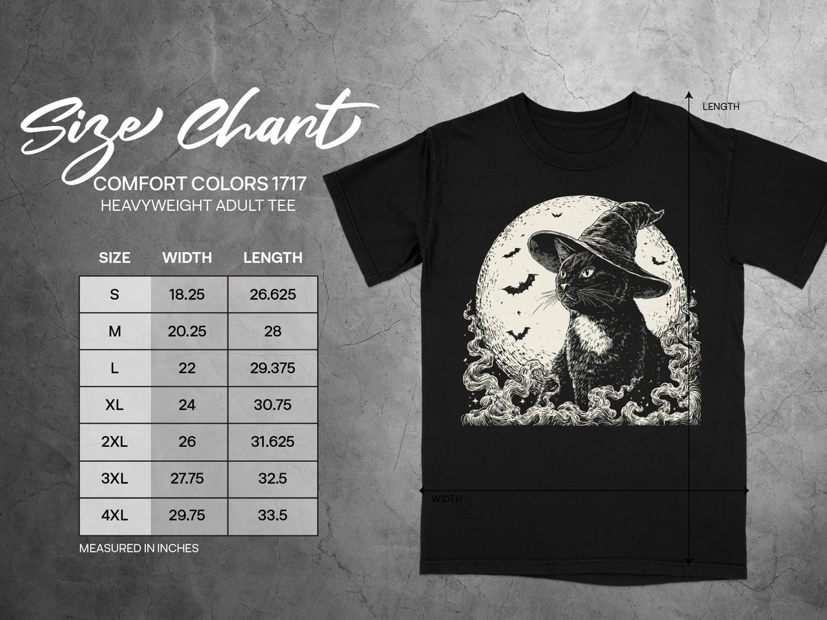 Comfort Colors 1717 heavyweight adult tee size chart with cat graphic.