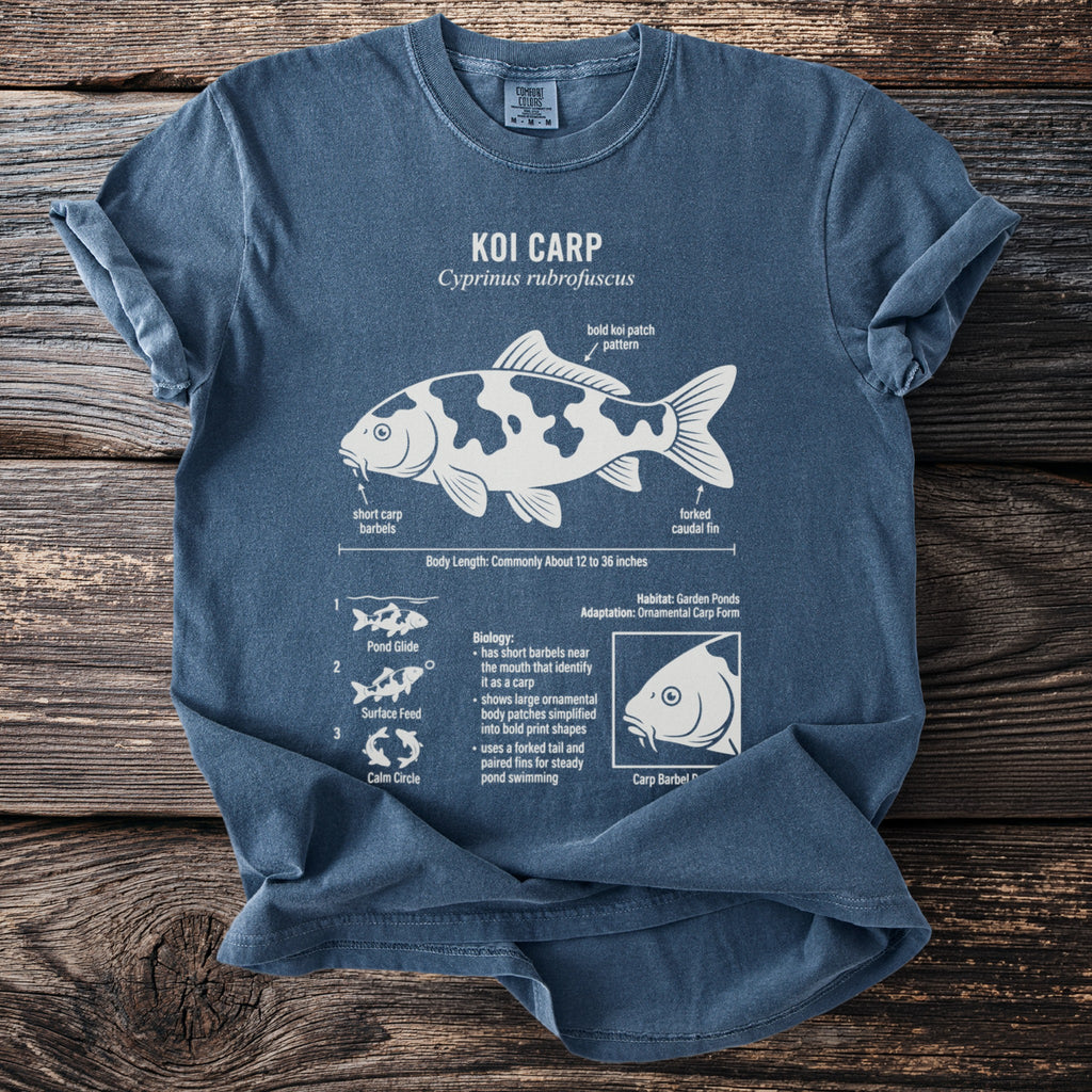 Blue t-shirt featuring a diagram of a Koi Carp with labeled anatomy and biology.