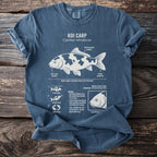Blue t-shirt featuring a diagram of a Koi Carp with labeled anatomy and biology.