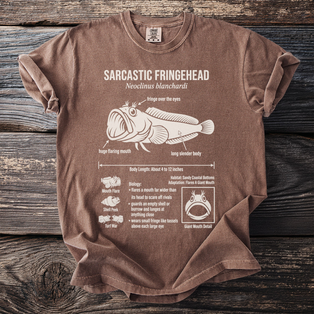 Brown t-shirt featuring an illustration and facts about the Sarcastic Fringehead fish.