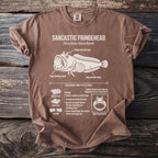 Brown t-shirt featuring an illustration and facts about the Sarcastic Fringehead fish.