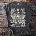 Dark grey t-shirt with a moon, celestial, moths, and mushroom graphic design.