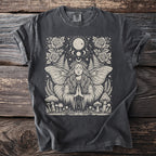 Dark grey t-shirt with a moon, celestial, moths, and mushroom graphic design.