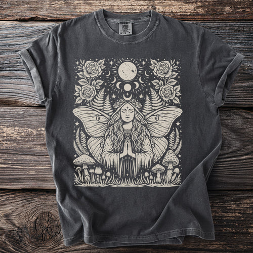 Dark grey t-shirt with a moon, celestial, moths, and mushroom graphic design.