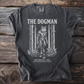 Dark gray t-shirt with "The Dogman" graphic of a werewolf in a forest.