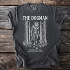 Dark gray t-shirt with "The Dogman" graphic of a werewolf in a forest.