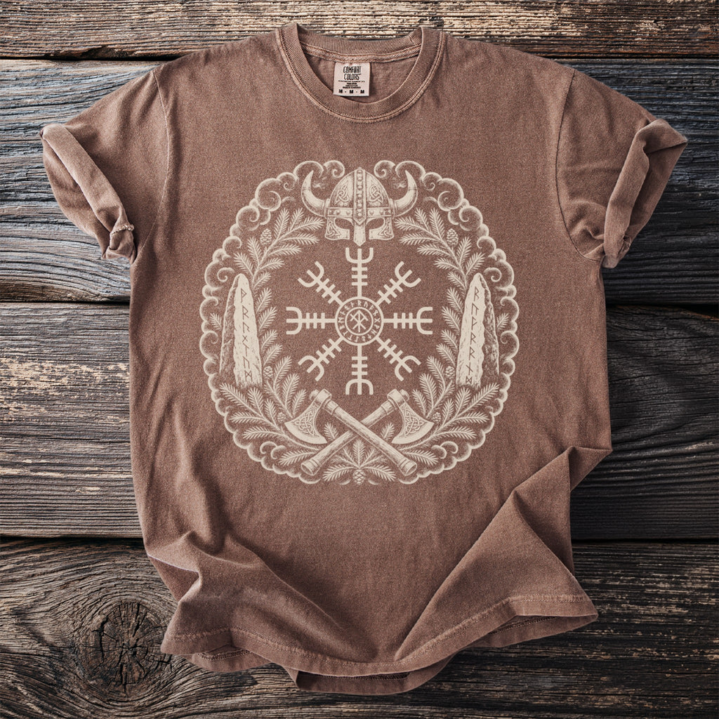 Brown t-shirt with a Viking helm, runes, axes, and wreath graphic.