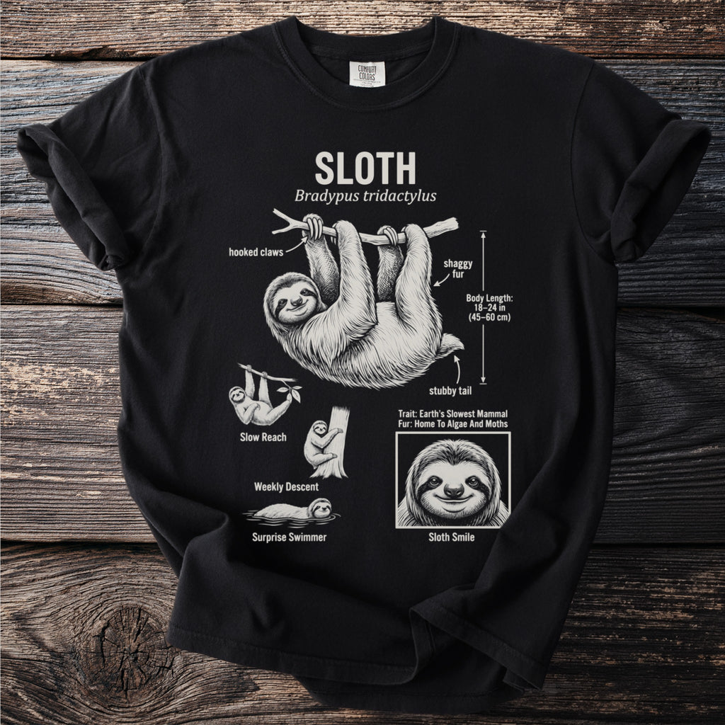 Black t-shirt with a detailed diagram of a sloth and its characteristics.