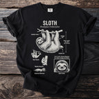 Black t-shirt with a detailed diagram of a sloth and its characteristics.